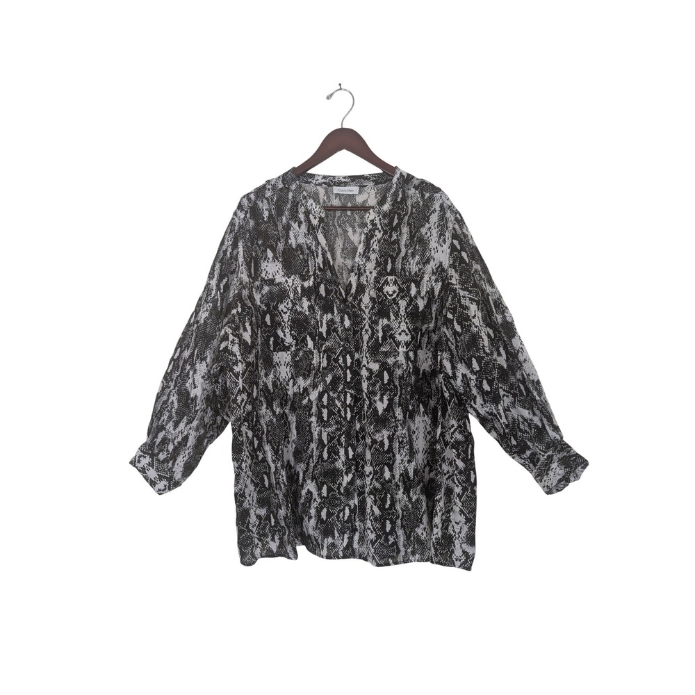 Calvin Klein Women  4X Linen Snakeskin Roll Tab Sleeve Button‎ Front Blouse